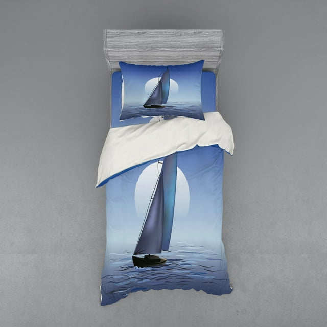 Ambesonne Nautical Bedding Set 3 Pcs, Sail Boat Wavy Serene, Twin, Violet Blue