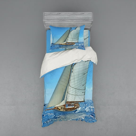 Ambesonne Nautical Bedding Set 3 Pcs, Sailboat Regatta Race, Twin, Blue White Brown