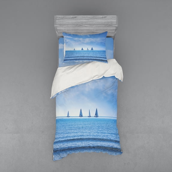 Ambesonne Nautical Bedding Set 3 Pcs, Sailing Boat on Ocean, Twin, Pale Blue