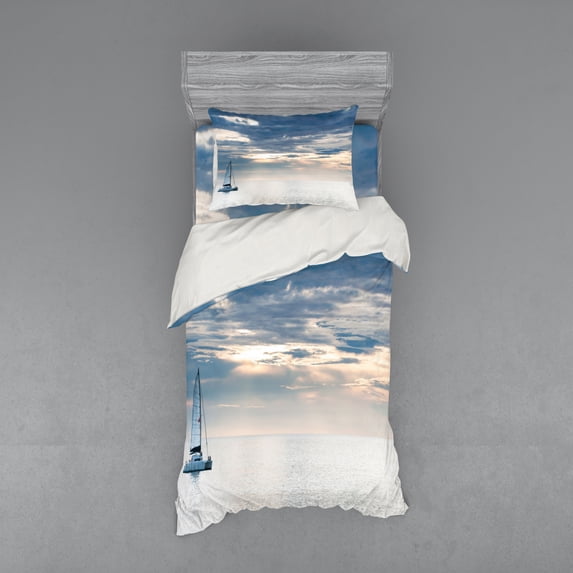 Ambesonne Nautical Bedding Set 3 Pcs, Sailing Yacht Sunset, Twin, Blue