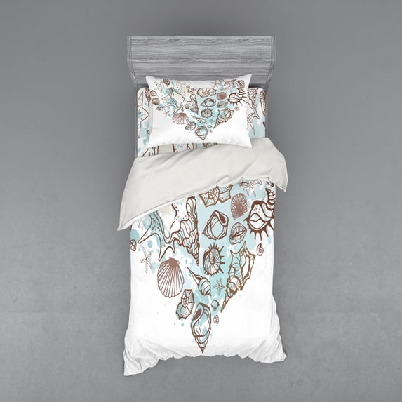 Ambesonne Nautical Bedding Set 3 Pcs, Scallop Starfish Whelk, Twin XL, Brown Warm Taupe Teal