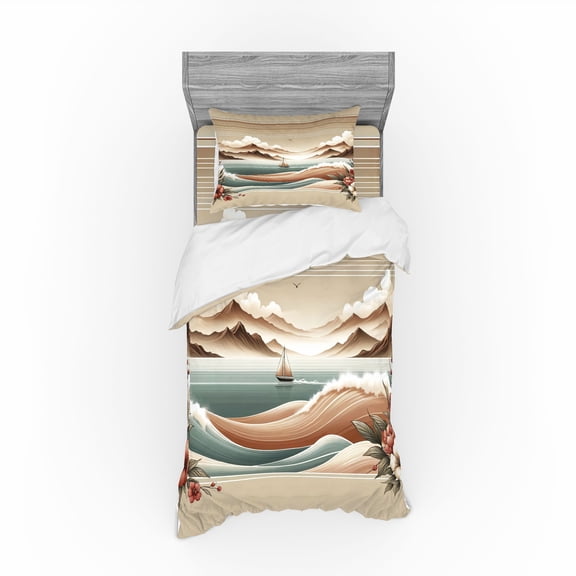 Ambesonne Nautical Bedding Set 3 Pcs, Serene Horizon Sailboat, Twin, Tan Sepia and Pale Seafoam