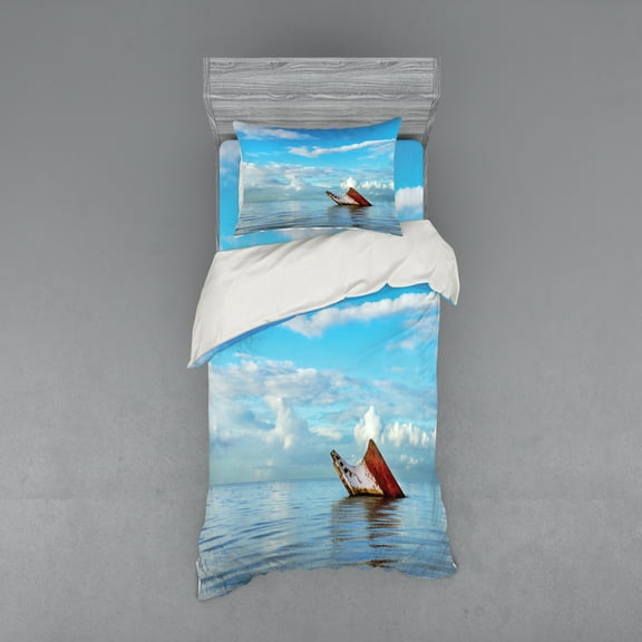 Ambesonne Nautical Bedding Set 3 Pcs, Ship Wreck Landscape, Twin, Blue White
