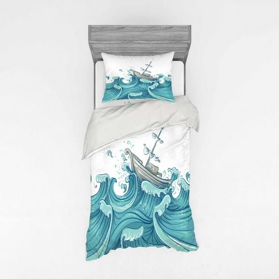 Ambesonne Nautical Bedding Set 3 Pcs, Ship and Ocean Waves, Twin XL, Aqua Taupe
