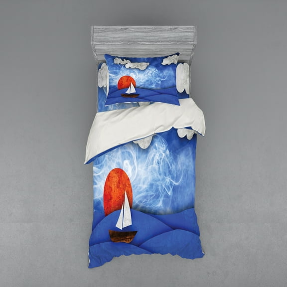 Ambesonne Nautical Bedding Set 3 Pcs, Ship on Misty Waters, Twin, Blue Orange White