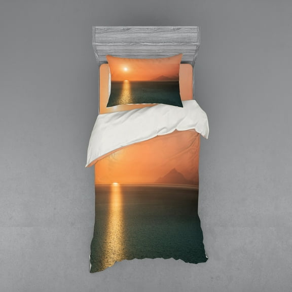 Ambesonne Nautical Bedding Set 3 Pcs, Sunrise over Ocean, Twin, Orange Blue
