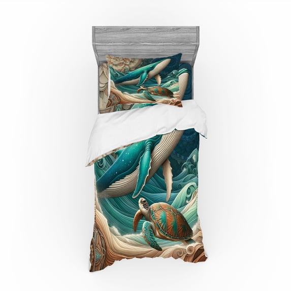 Ambesonne Nautical Bedding Set 3 Pcs, Teal Ocean Whale Turtle, Twin, Teal Ecru and Pale Cinnamon