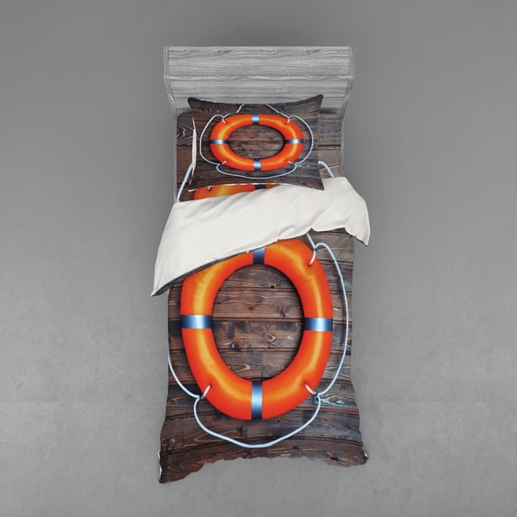 Ambesonne Nautical Bedding Set 3 Pcs, Wall Safety, Twin, Orange Grey Brown