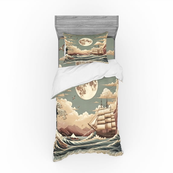 Ambesonne Nautical Bedding Set 3 Pcs, Waves Ship Japanese Style, TwinXL, Pale Teal Tan Dried Rose