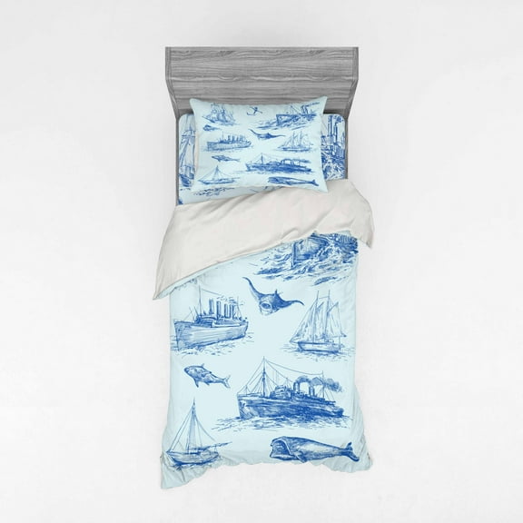 Ambesonne Nautical Bedding Set 3 Pcs, Wildlife Shark Boat, Twin, Pale Blue Blue
