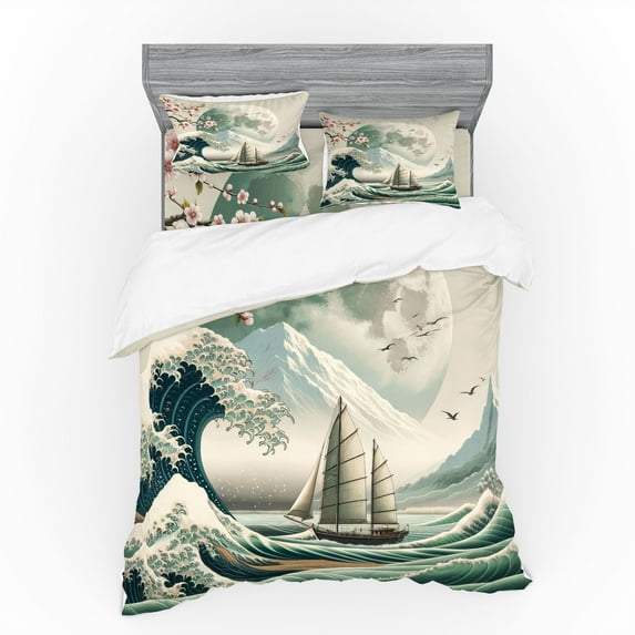 Ambesonne Nautical Bedding Set 4 Pcs, Asian Wave Cherry Blossom, Queen, Seafoam Coconut Pink