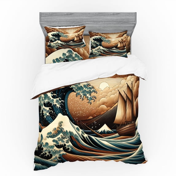Ambesonne Nautical Bedding Set 4 Pcs, Ethnic Japanese Ocean Boat, Queen, Cinnamon and Petrol Blue