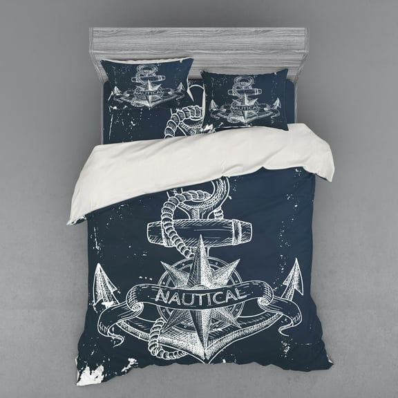 Ambesonne Nautical Bedding Set 4 Pcs, Knot Anchor Compass, Queen, Dark Blue White