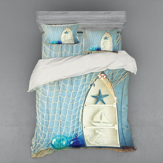 Ambesonne Nautical Bedding Set 4 Pcs, Marine Starfish, Queen, Blue White