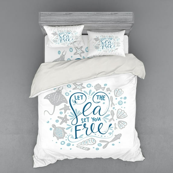 Ambesonne Nautical Bedding Set 4 Pcs, Marine Words with Fish, Queen, Pale Blue Navy Blue