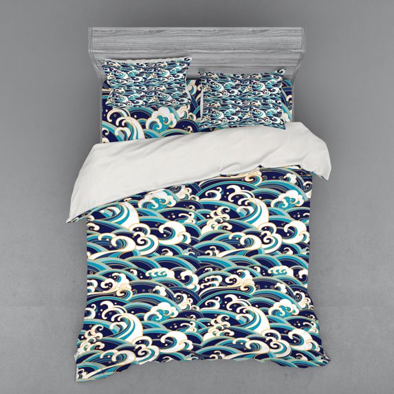 Ambesonne Nautical Bedding Set 4 Pcs, Ocean Waves Pattern, Queen, Blue and White