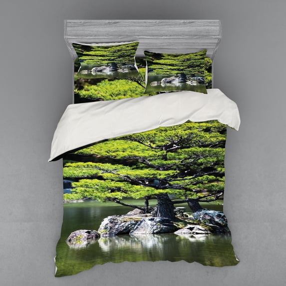 Ambesonne Nautical Bedding Set 4 Pcs, Pine Tree in Lake, Queen, Green