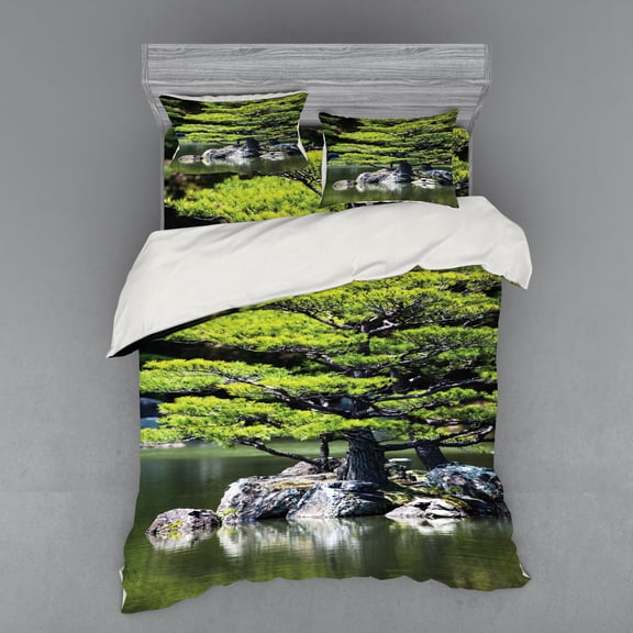 Ambesonne Nautical Bedding Set 4 Pcs, Pine Tree in Lake, Queen, Green