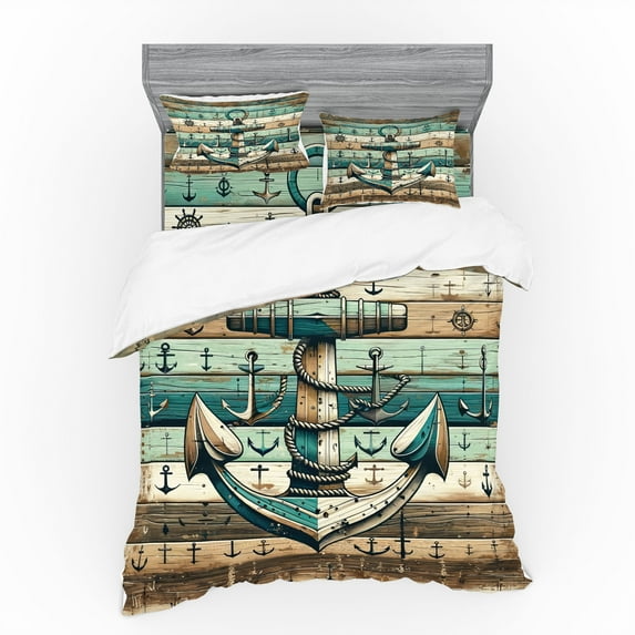 Ambesonne Nautical Bedding Set 4 Pcs, Rustic Anchor Wooden Look, Calking, Teal Seafoam Pale Brown