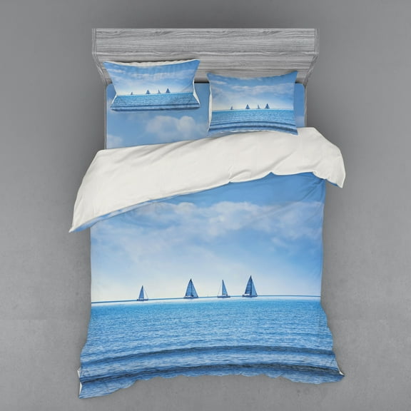 Ambesonne Nautical Bedding Set 4 Pcs, Sailing Boat on Ocean, Queen, Pale Blue