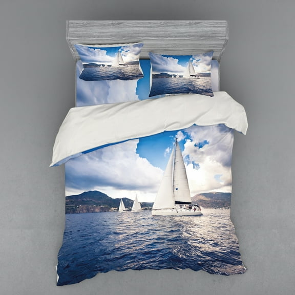 Ambesonne Nautical Bedding Set 4 Pcs, Sailing Boat on Sea, Queen, Blue and White