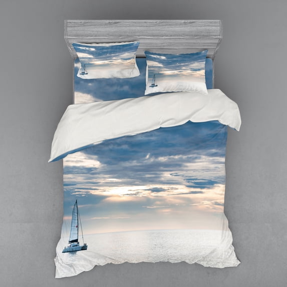 Ambesonne Nautical Bedding Set 4 Pcs, Sailing Yacht Sunset, Queen, Blue