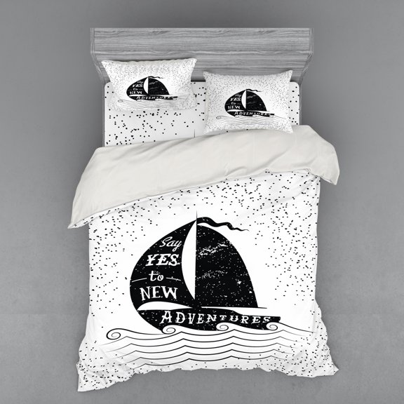 Ambesonne Nautical Bedding Set 4 Pcs, Say Yes to Adventure, Queen, Black and White