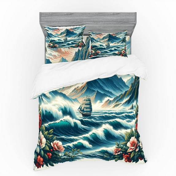 Ambesonne Nautical Bedding Set 4 Pcs, Seascape Waves Mountains, King, Sea Blue and Dark Coral