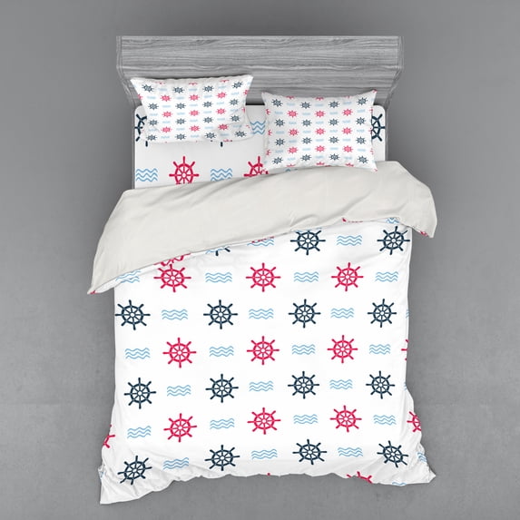 Ambesonne Nautical Bedding Set 4 Pcs, Ship Helm Waves Retro, Queen, Red Blue