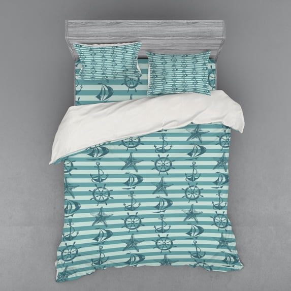 Ambesonne Nautical Bedding Set 4 Pcs, Ship Wheel Anchor, Queen, Teal Beige