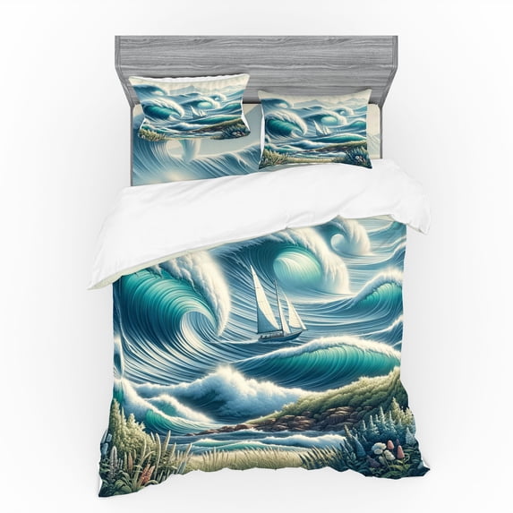 Ambesonne Nautical Bedding Set 4 Pcs, Swirling Huge Waves Boat, King, Reseda Green Teal and Blue