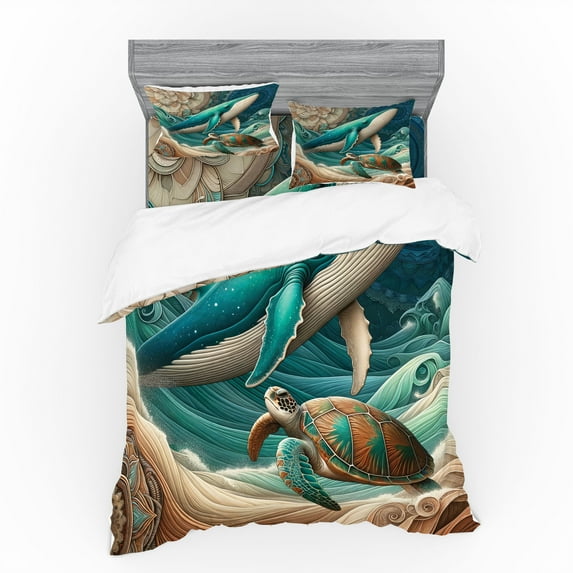Ambesonne Nautical Bedding Set 4 Pcs, Teal Ocean Whale Turtle, Queen, Teal Ecru and Pale Cinnamon