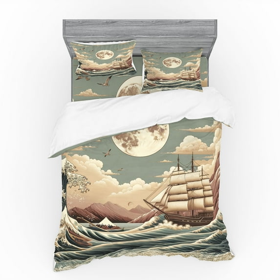 Ambesonne Nautical Bedding Set 4 Pcs, Waves Ship Japanese Style, Calking, Pale Teal Tan Dried Rose
