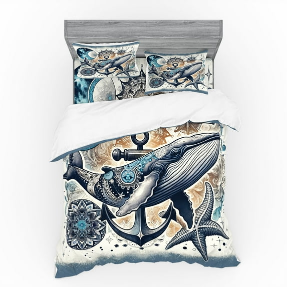 Ambesonne Nautical Bedding Set 4 Pcs, Whale Anchor Mandala Night, Queen, Indigo Amber