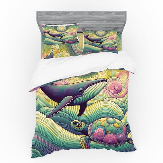 Ambesonne Nautical Bedding Set 4 Pcs, Whale and Turtle Hippie, King, Seafoam Purple and Pink