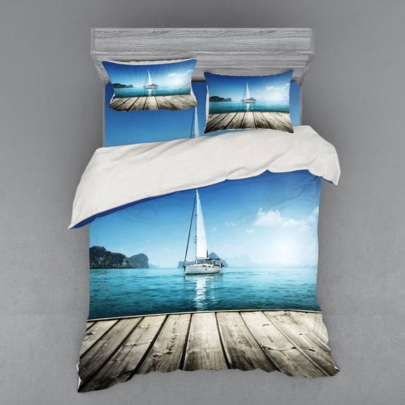 Ambesonne Nautical Bedding Set 4 Pcs, Yacht and Wooden Deck, Queen, Blue Brown