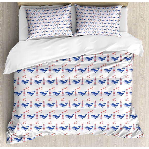 Ambesonne Nautical Blue Duvet Cover Set, Whale and Lighthouse, 2-Calking, Violet Blue Ceil Blue