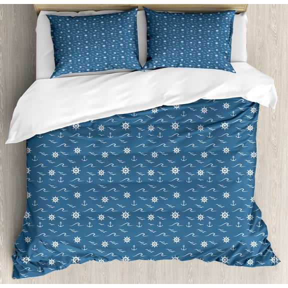 Ambesonne Nautical Blue Duvet Cover Sets, Marine Wheel Anchor, 2-Queen, Slate Blue and White