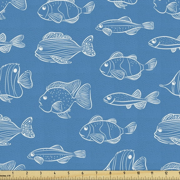 Ambesonne Nautical Blue Fabric by the Yard Upholstery, Outline Fish Spices, 2 Yards, Sea Blue and White