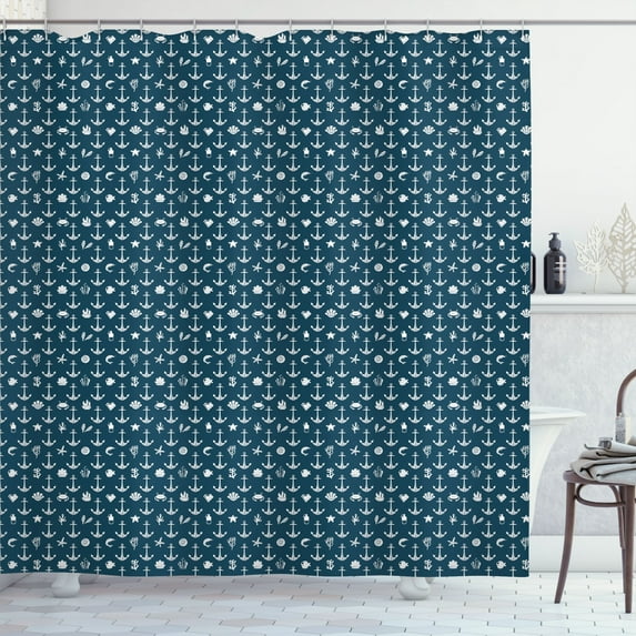 Ambesonne Nautical Blue Shower Curtain, Anchor Starfish Coral, 69"Wx84"L, Dark Petrol Blue White