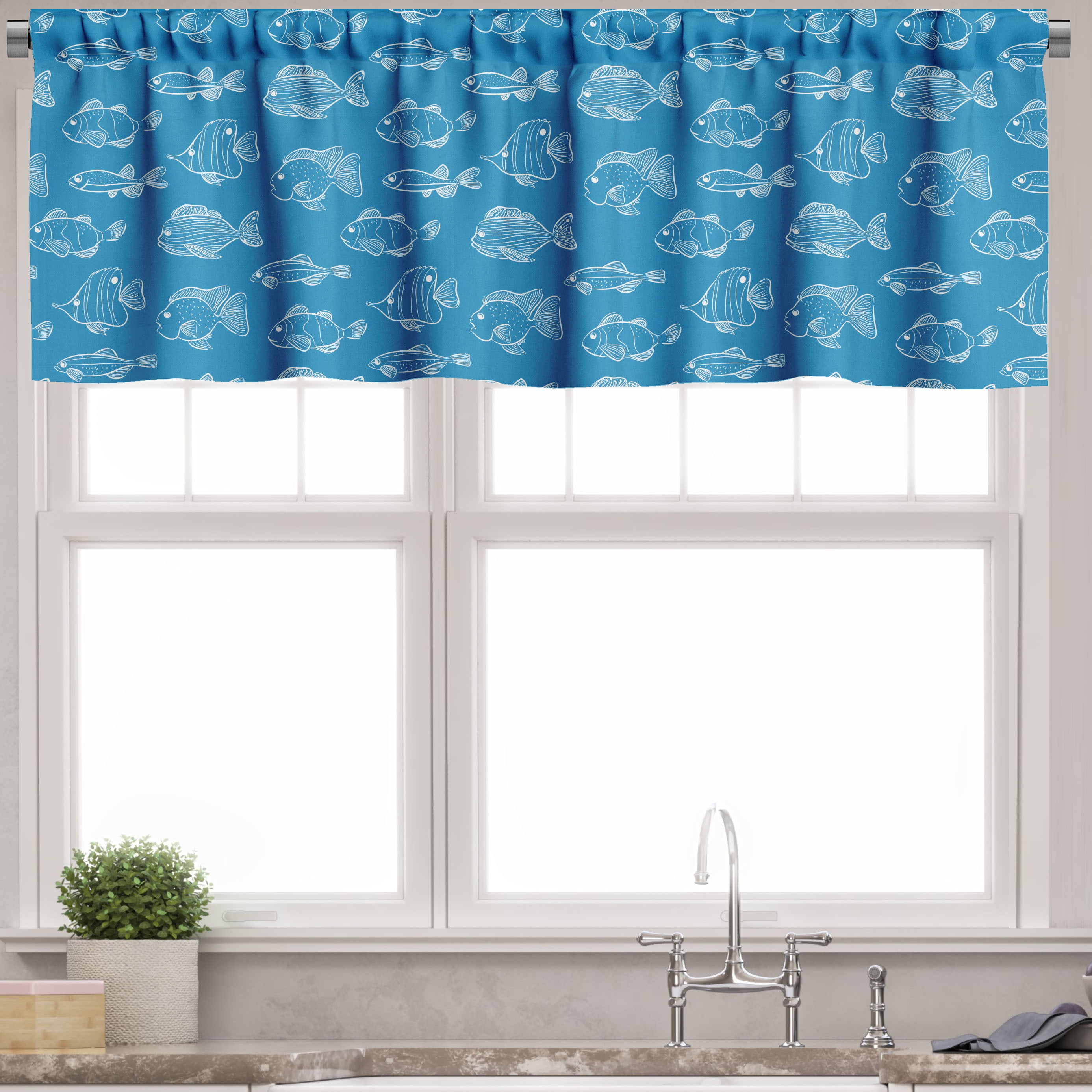Sea Blue and White Nautical Fish Pattern Valance Set
