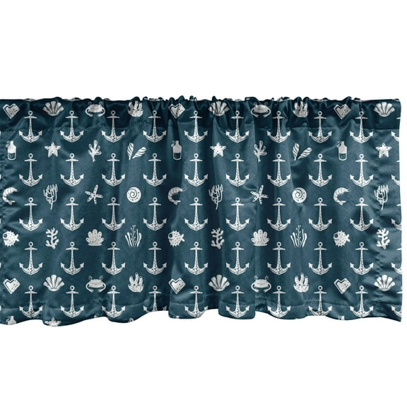 Ambesonne Nautical Blue Window Valance, Anchor Starfish Coral, 54" X 12", Dark Petrol Blue White