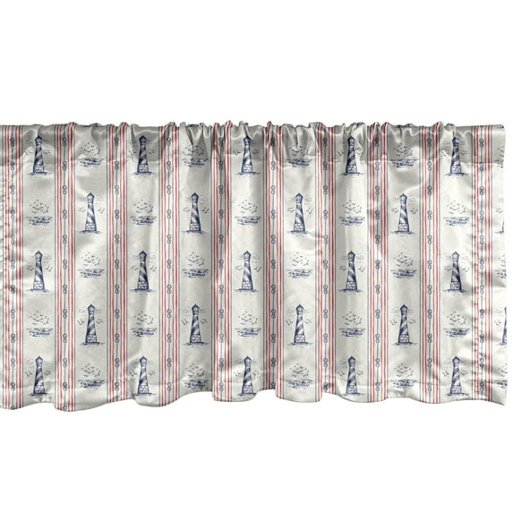 Ambesonne Nautical Blue Window Valance, Lighthouse and Shapes, 54" X 18", Night Blue and Vermilion