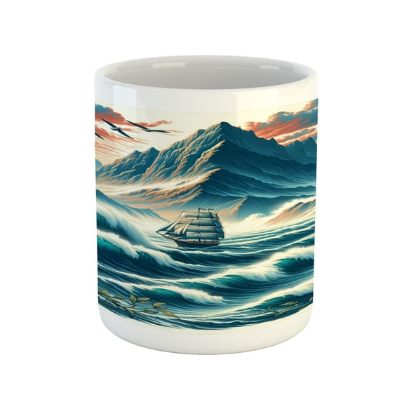 Ambesonne Nautical Ceramic Coffee Mug, Seascape Waves Mountains, 11 oz, Sea Blue and Dark Coral