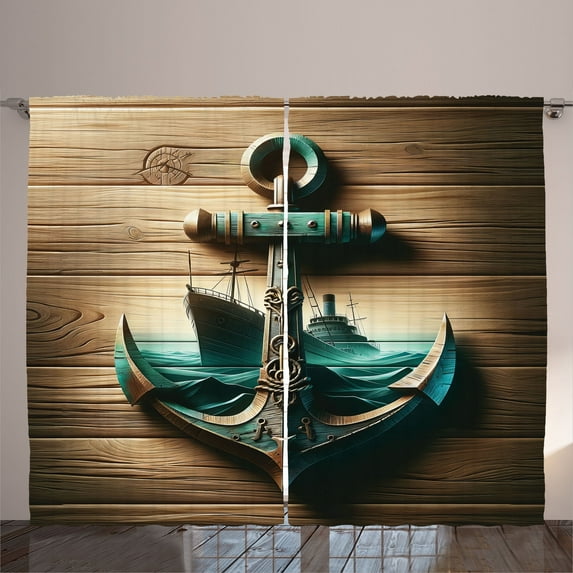 Ambesonne Nautical Curtains 2 Panel Set, Anchor with Sailing Ship, 108" x 90", Sand Brown Dark Teal