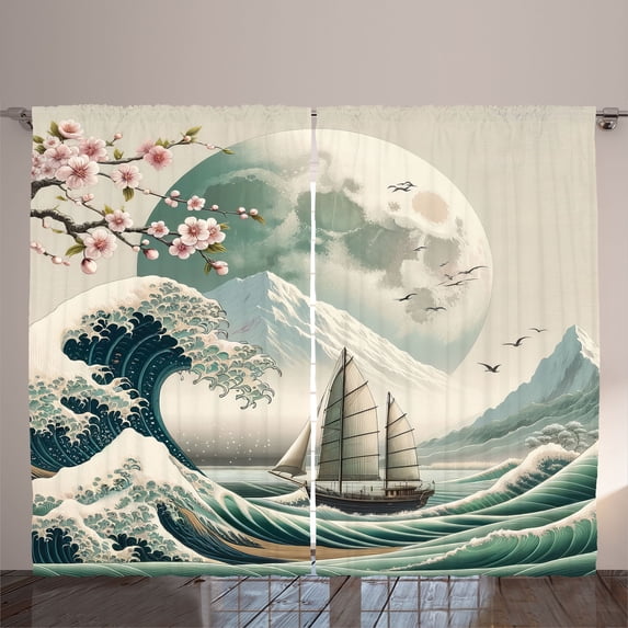 Ambesonne Nautical Curtains 2 Panel Set, Asian Wave Cherry Blossom, 108" x 84", Seafoam Coconut Pink