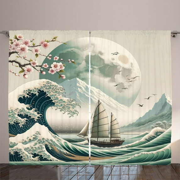 Ambesonne Nautical Curtains 2 Panel Set, Asian Wave Cherry Blossom, 108" x 90", Seafoam Coconut Pink