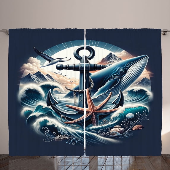 Ambesonne Nautical Curtains 2 Panel Set, Marine Anchor and Seagull, 108" x 90", Indigo and Dark Salmon