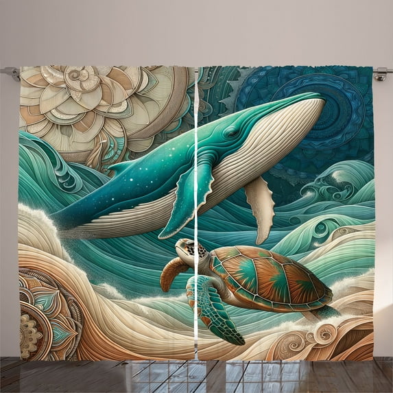 Ambesonne Nautical Curtains 2 Panel Set, Teal Ocean Whale Turtle, 108" x 63", Teal Ecru and Pale Cinnamon