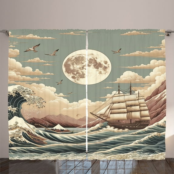 Ambesonne Nautical Curtains 2 Panel Set, Waves Ship Japanese Style, 108" x 96", Pale Teal Tan Dried Rose